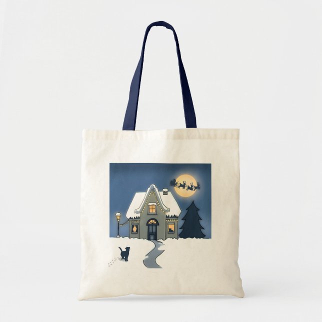 Tote Bag Maison avec chat sur une nuit de Noël enneigée (Devant)