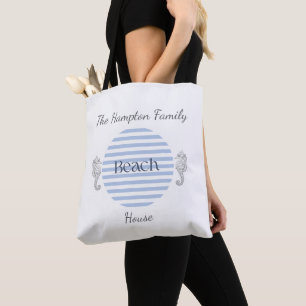 Tote Bag Maison de plage personnalisée, Rayure côtière bleu