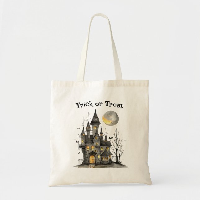 Tote Bag Maison éffrayante Halloween Tricot ou traitement (Devant)