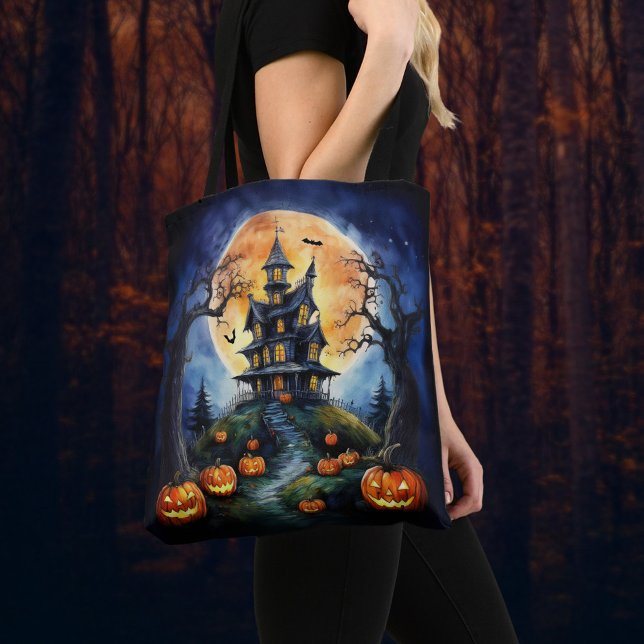 Tote Bag Maison hantée d'Halloween avec Citrouilles (Créateur téléchargé)