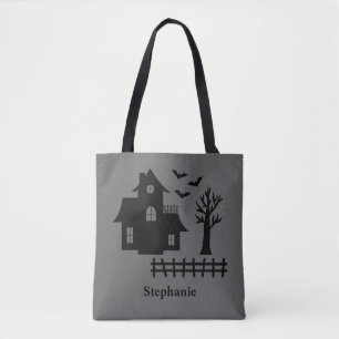 Tote Bag Maison hantée silhouette d'Halloween et nom person