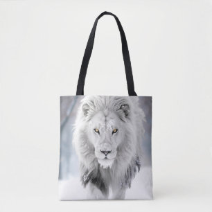 Tote Bag Majestueux Lion Blanc dans un Décor de Paysage Hiv