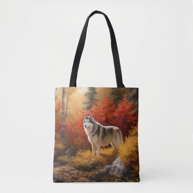 Tote Bag Malamute en Alaska à l'automne Feuilles automne in (Devant)