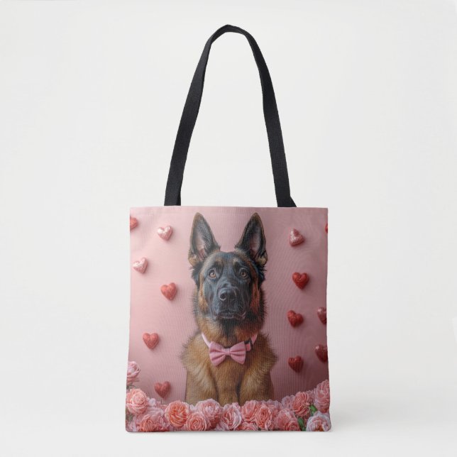 Tote Bag Malinois belge avec Rose - Saint Valentin (Devant)