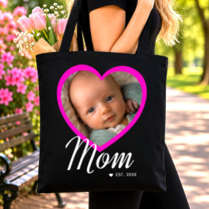 Tote Bag Maman a établi un script cœur rose photo noir