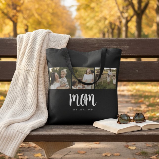 Tote Bag Maman a établi un script noir 3 Photo (elegant minimal 3 photo mom established tote bag with dates and space for 2, 3 or more children gift)