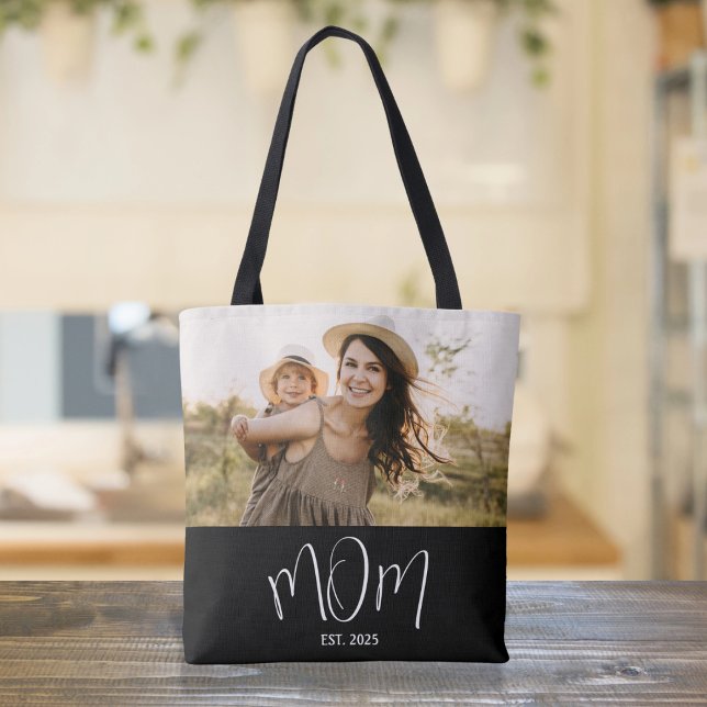 Tote Bag Maman Etabli Script Photo Noire (Créateur téléchargé)