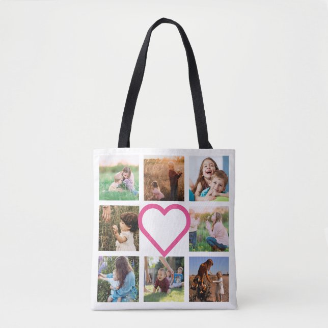 Tote Bag Maman Famille Photo Collage Coeur rose (Devant)