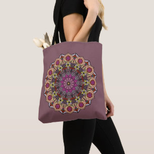 Tote Bag Mandala 12 Feuilles d'automne Orange Mauve -