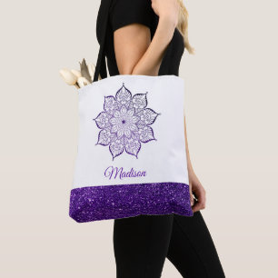 Tote Bag Mandala à paillettes violettes fausses sur fond bl
