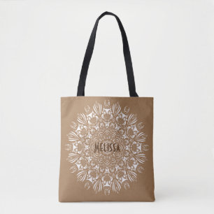 Tote Bag Mandala de hibou marron et blanc personnalisé