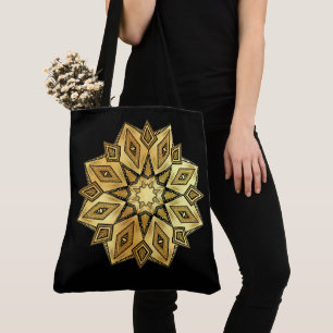 Tote Bag Mandala Étoile Dorée sur Fond Noir