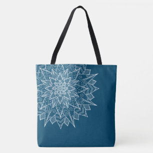 Tote Bag Mandala floral bleu élégant blanc 