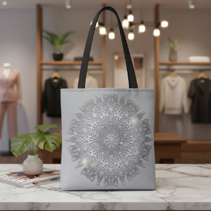 Tote Bag Mandala métallisé argenté scintillant de luxe