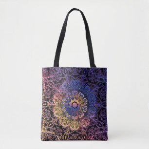 Tote Bag Mandala violet et jaune : dessin manuel