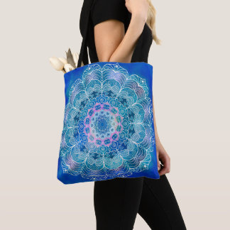 Tote Bag Mandala White Outline bleu Aquarelle -