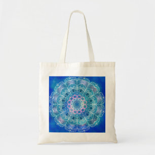 Tote Bag Mandala White Outline bleu Aquarelle -