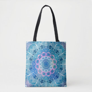 Tote Bag Mandala White Outline bleu Aquarelle -
