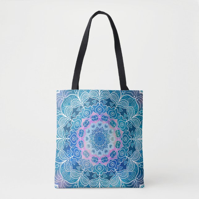 Tote Bag Mandala White Outline bleu Aquarelle - (Devant)