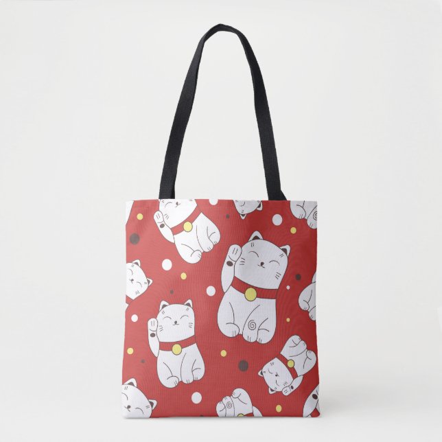 Tote Bag Maneki-Neko chat, motif japonais de doodle. (Devant)