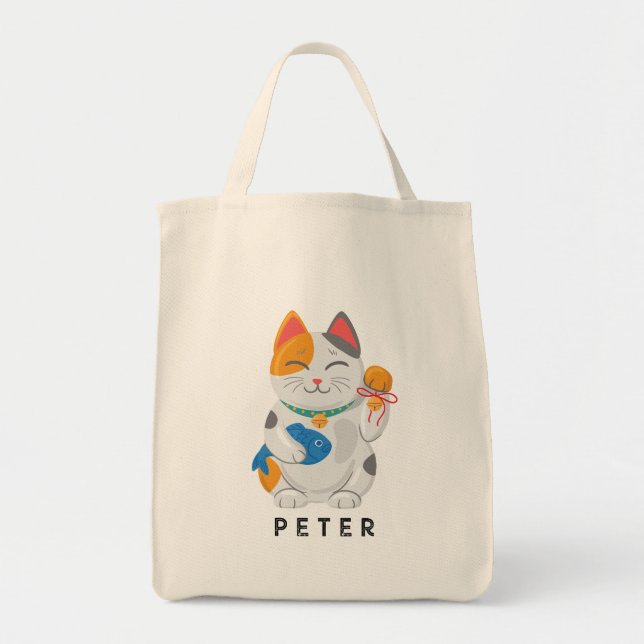 Tote Bag Maneki Neko White Chat, symbole de bonne chance (Devant)