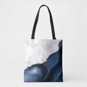 Tote Bag Marbre blanc Agate bleu marine doré