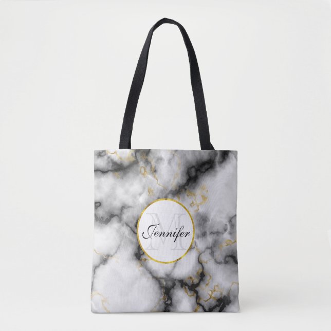Tote Bag Marbre blanc moderne avec Monogramme de ruban or (Devant)