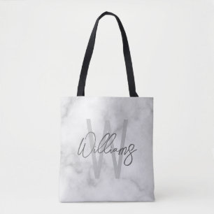 Tote Bag Marbre blanc Script Monogramme personnalisé et nom