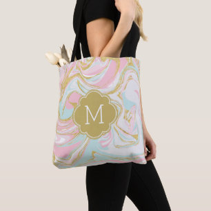 Tote Bag Marbre d'encre bleu rose Monogramme