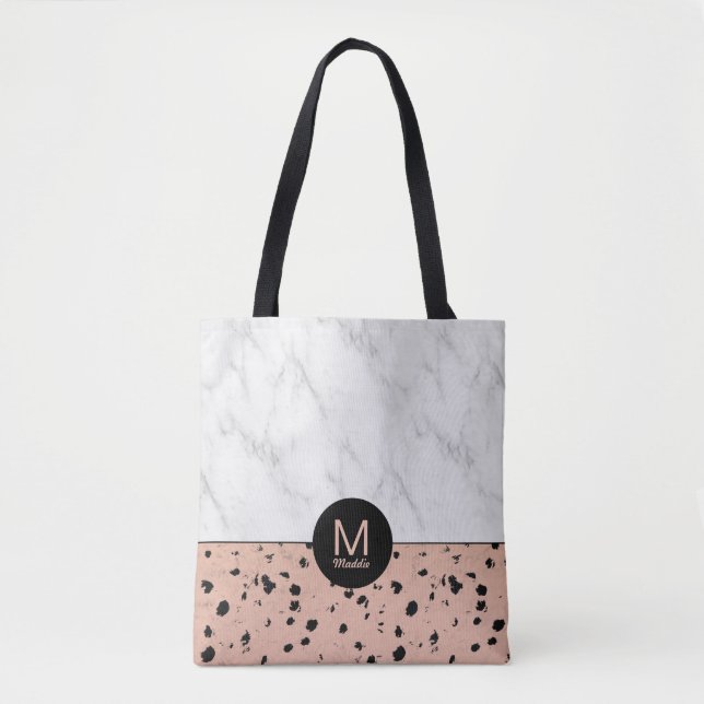 Tote Bag Marbre élégant et Rose Motif or avec Monogram (Devant)