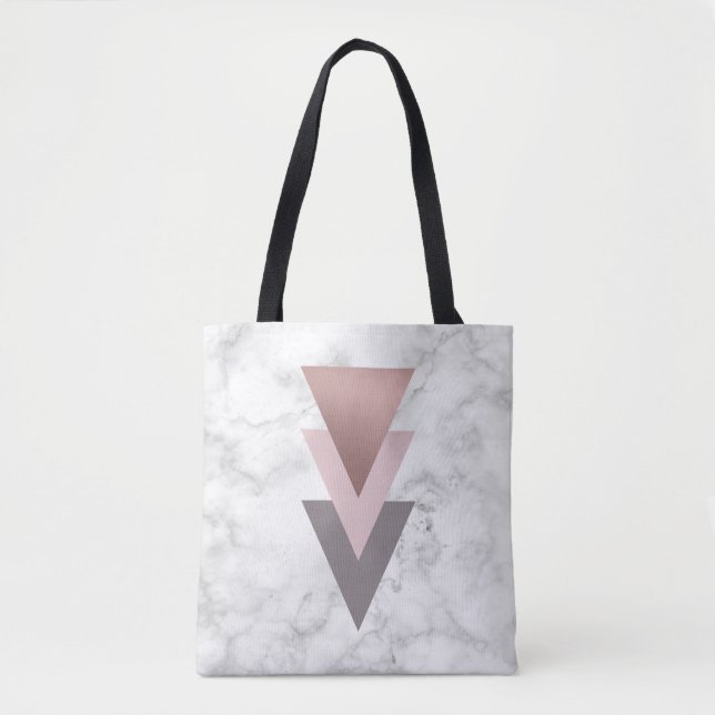 Tote Bag marbre gris de blanc de triangles de rose rose (Devant)
