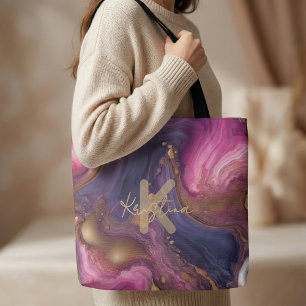 Tote Bag Marbre Liquide Agate Violet Rose Doré Élégant