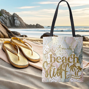 Tote Bag Marbre personnalisé et or "Trucs de plage"