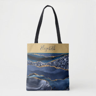 Tote Bag Marbre tendance Agate Bleu Or Paillettes 