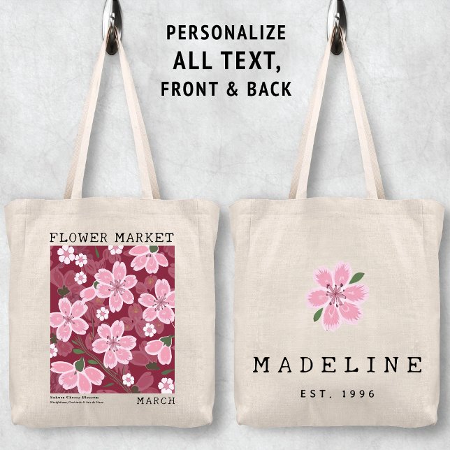 Tote Bag Marché aux fleurs de cerisiers de Sakura (Personalized March Birth Flower Market Tote Bag, Custom Name Bag, Bachelorette Bridesmaid Gifts )