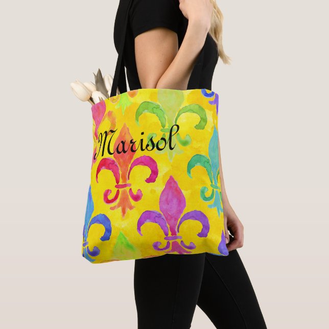 Tote Bag Mardi Gras Arc en ciel Fleur de lis Monogramme Jau (De près)