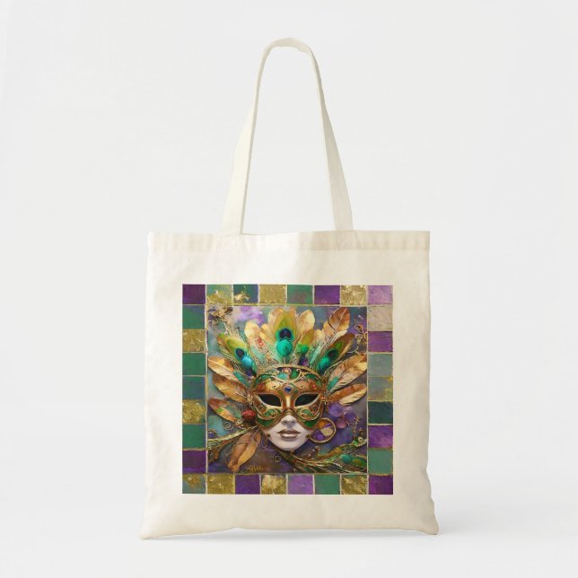 Tote Bag Mardi Gras Gold et vert Peacock Feature Masque (Devant)