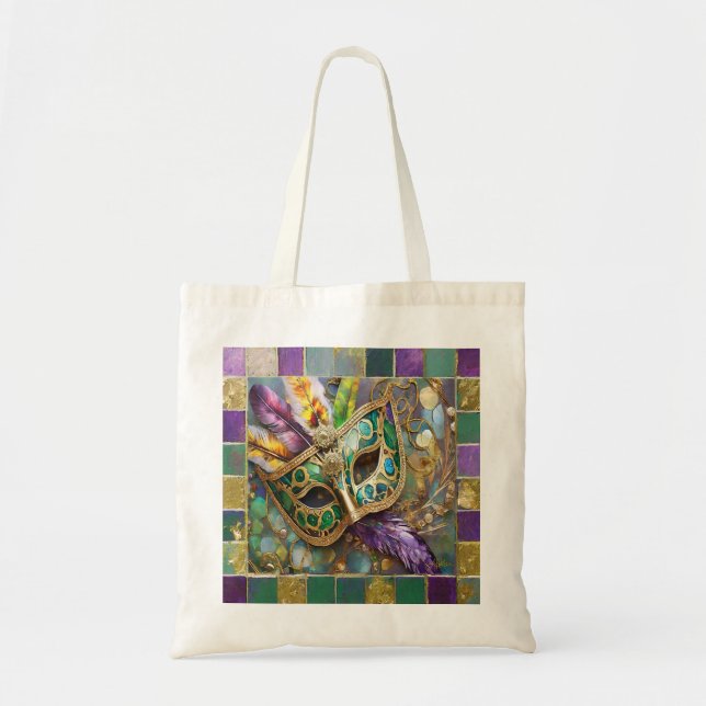Tote Bag Mardi Gras Masque de plumes vert et doré (Devant)