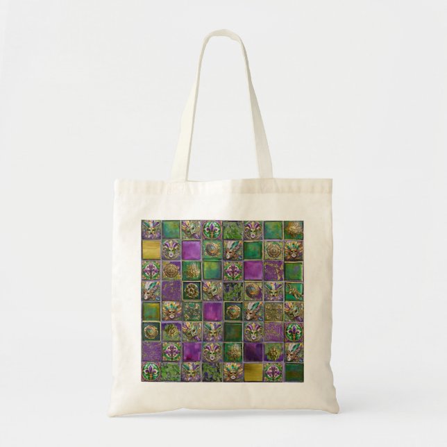 Tote Bag Mardi Gras Masques Plumes Fleur de lis Carreaux Im (Devant)