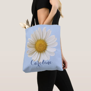 Tote Bag Marguerite blanche avec nom personnalisé bleu clai