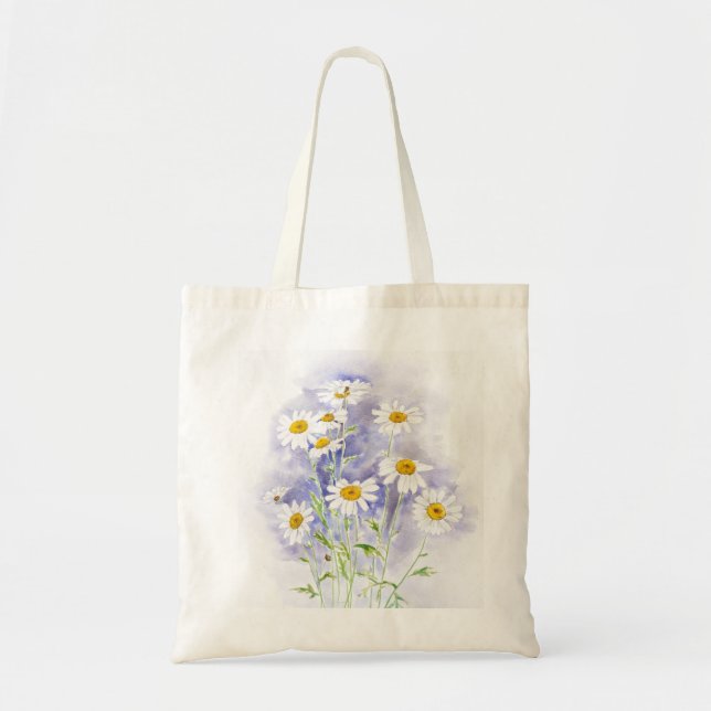 Tote Bag Marguerite marguerite peinte à la main aquarelle M (Devant)