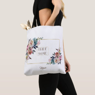Tote Bag Mariage à fleurs dorées bleu rose rose