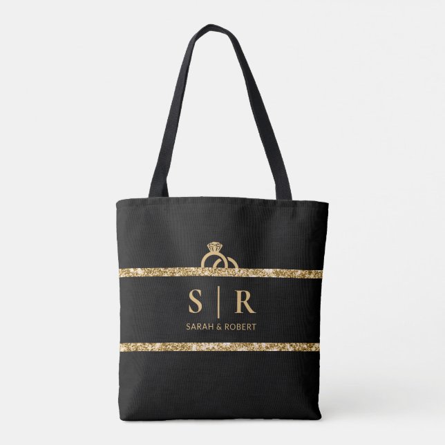 Tote Bag Mariage à monogramme initial à paillettes noir et  (Dos)