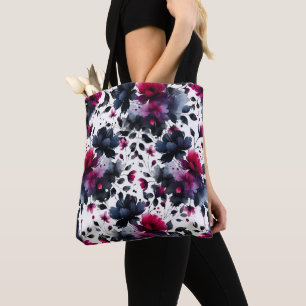 Tote Bag Mariage aquarelle floral encre magenta rose et ble
