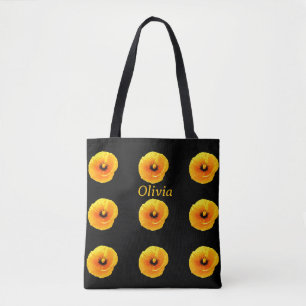Tote Bag Mariage avec motifs floraux noirs jaunes et nom mo
