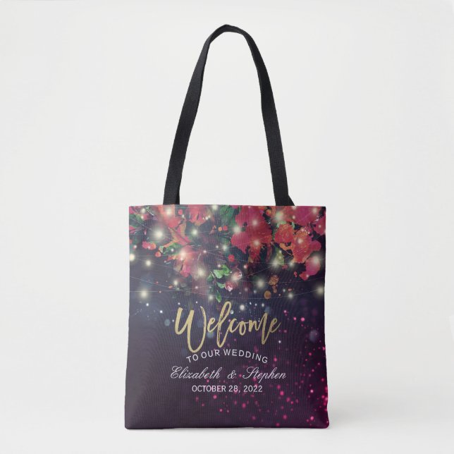 Tote Bag Mariage Bienvenue Bourgogne Rouge Floral Lumières (Devant)