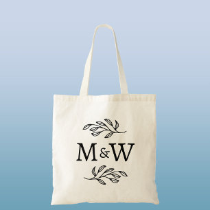 Tote Bag Mariage Couple Monogramme Élégant Botanique