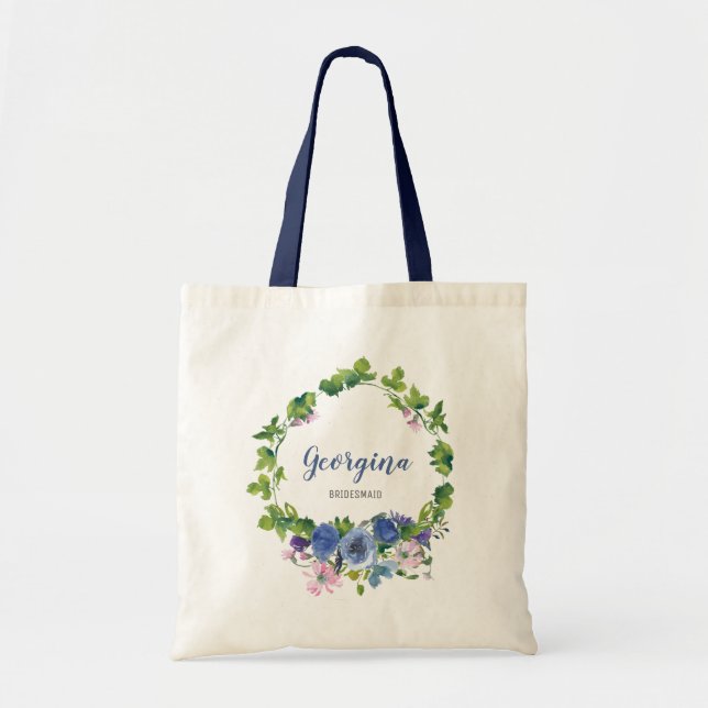 Tote Bag Mariage d'aquarelle florale bleu-fille personnalis (Devant)