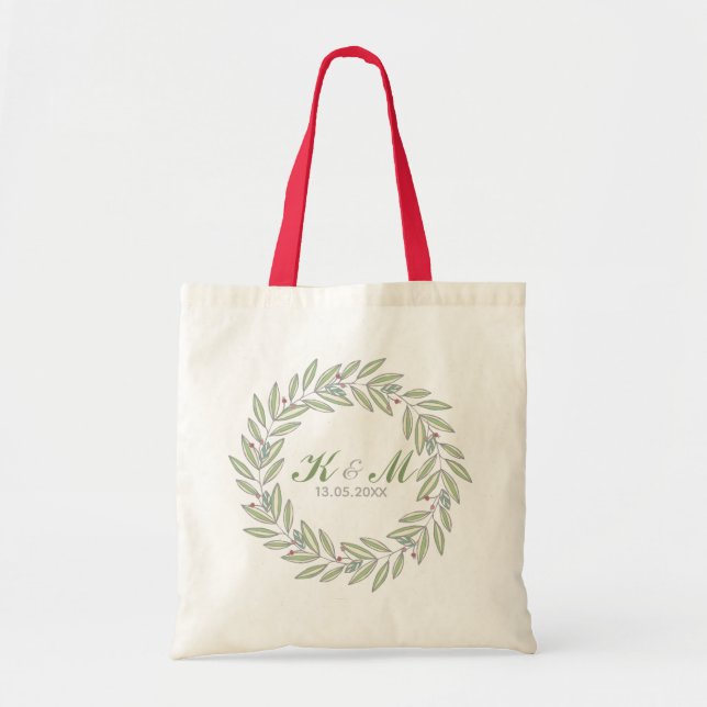 Tote Bag Mariage de Noël mariée Groom Monogram Wreath (Devant)