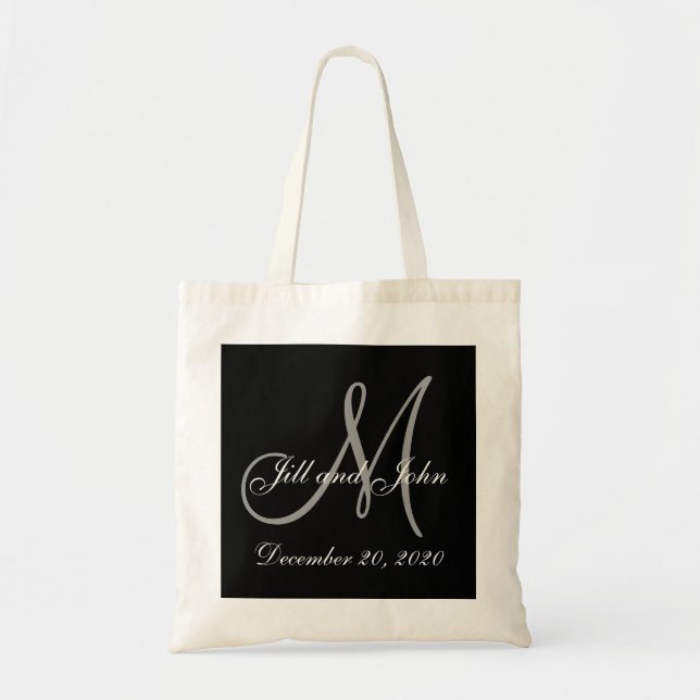 Tote Bag Mariage élégant gris noir de monogramme (Devant)